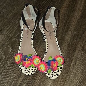 Betsey Johnson Black and White Heels with Colorful Floral Design